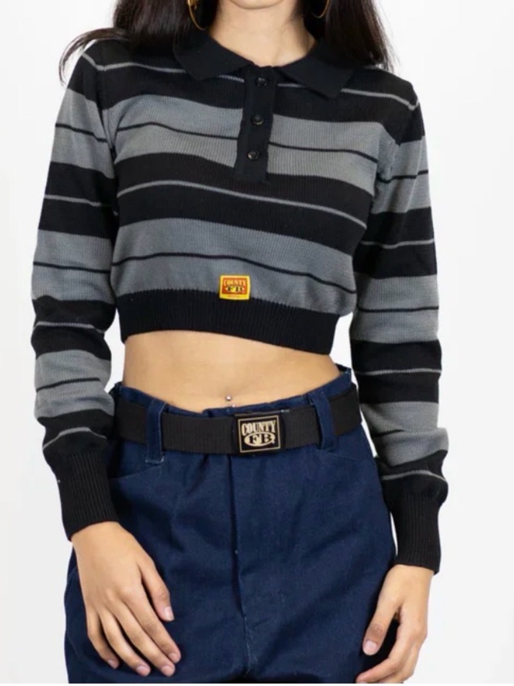 FB County Girl Cropped Knit Polo Sweater Size L Striped Navy Blue Gray - Picture 6 of 12